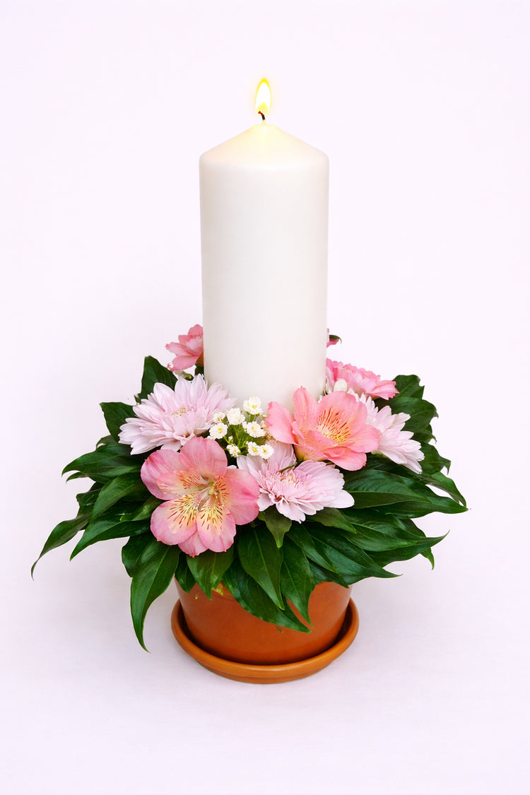Elegant White Candle with Flower Arrangement